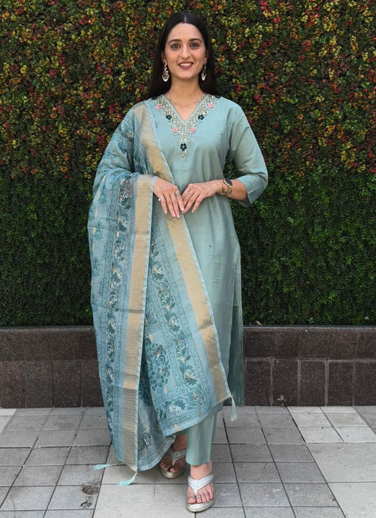 Salwar Suit Embroidered Aqua Blue Silk T5404