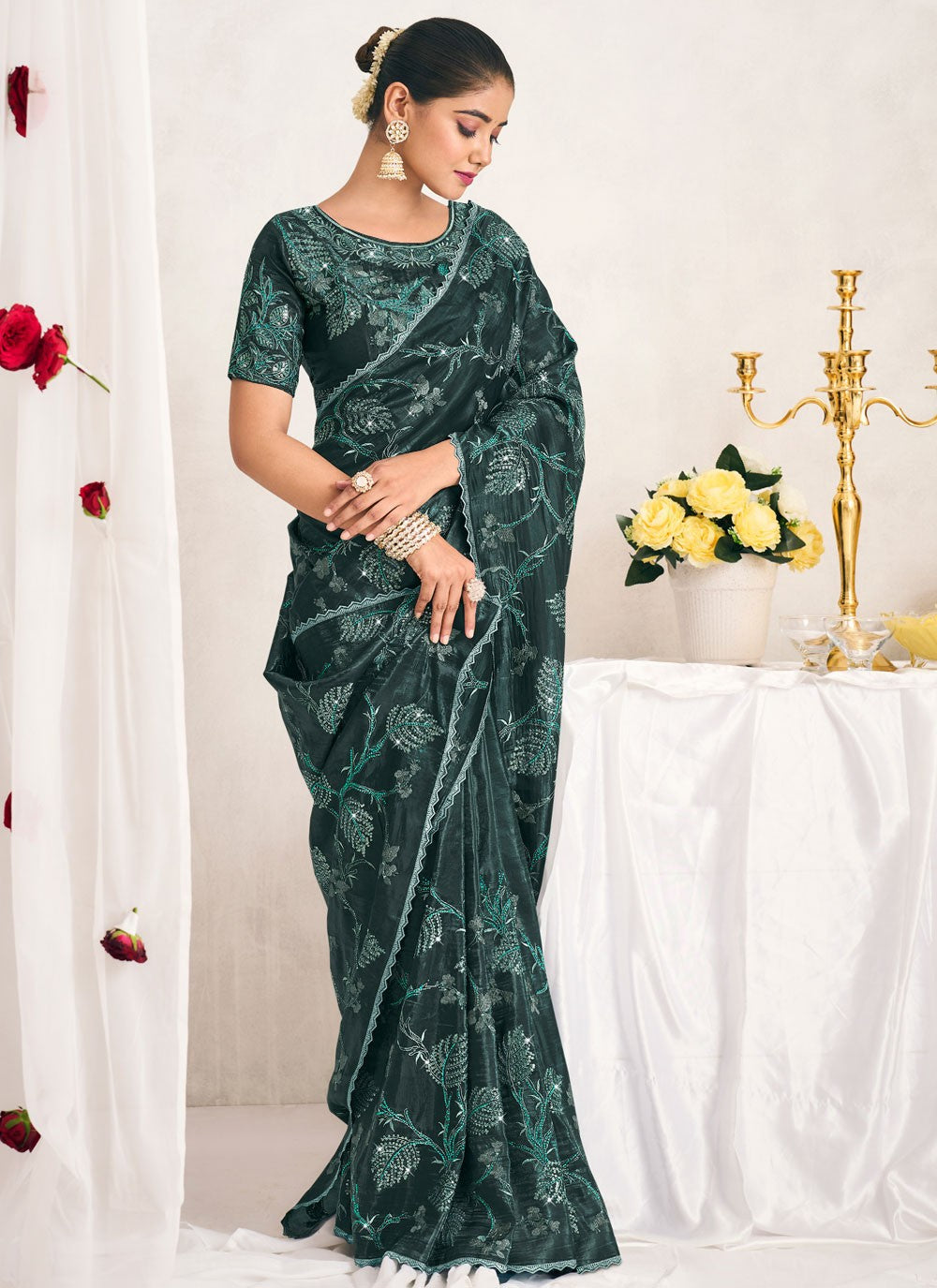 Traditional Cut Work Black Silk S12748