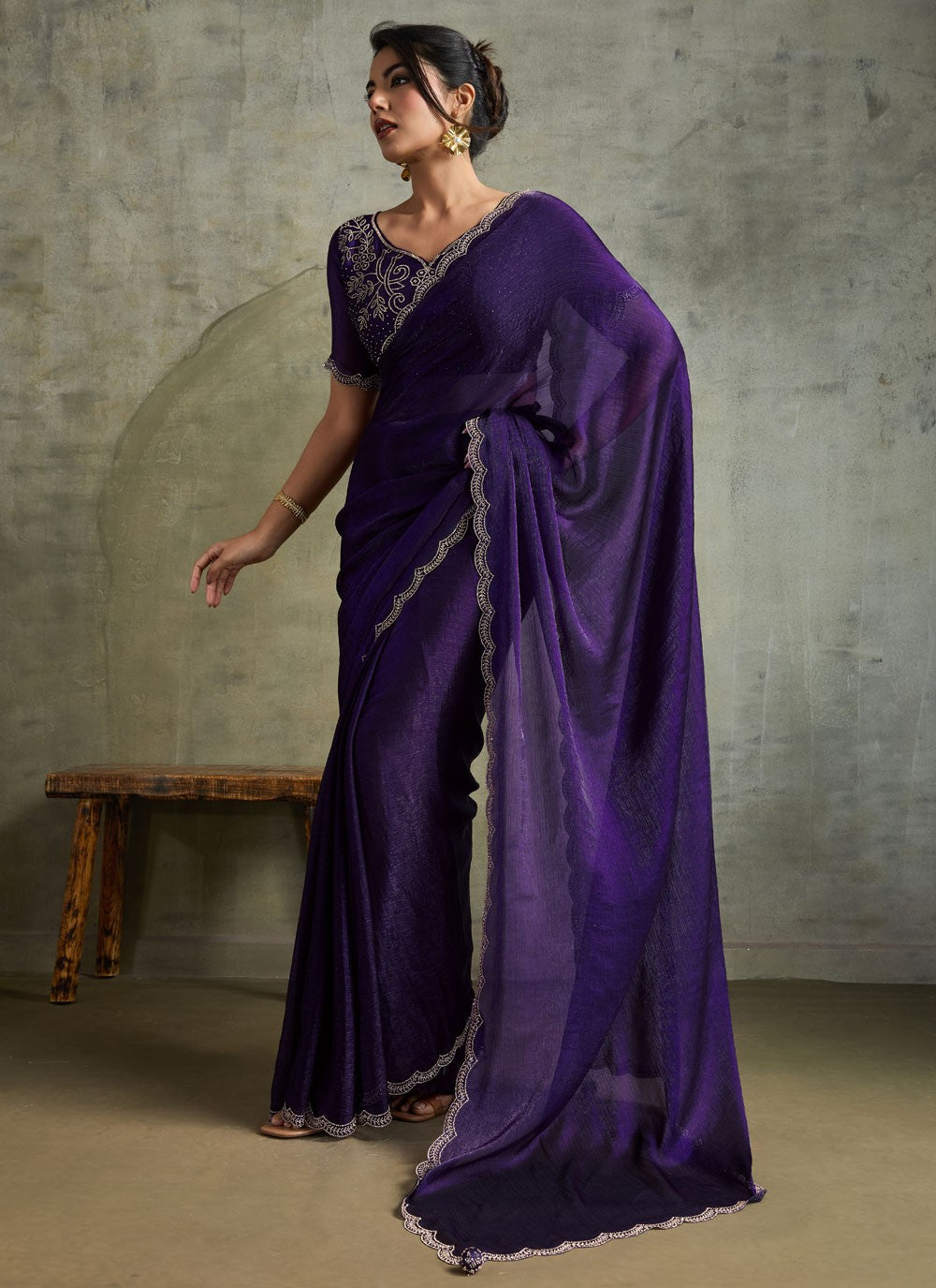 Purple Chiffon Traditional Saree Embroidered S19828