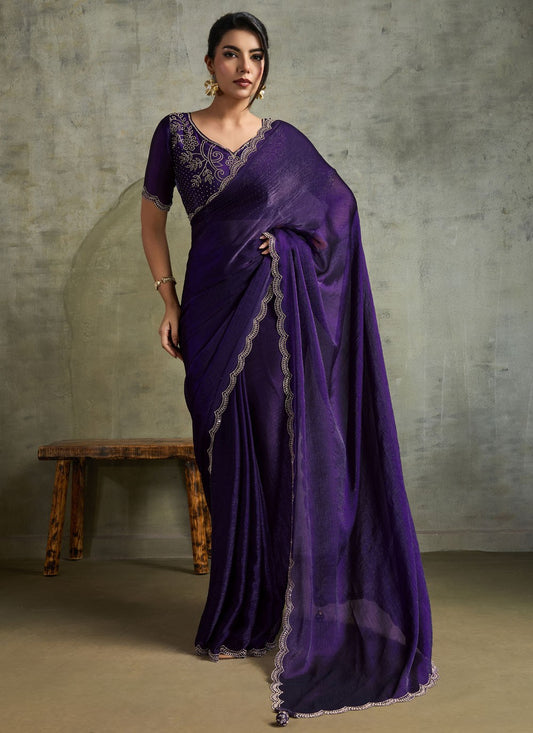 Purple Chiffon Traditional Saree Embroidered S19828