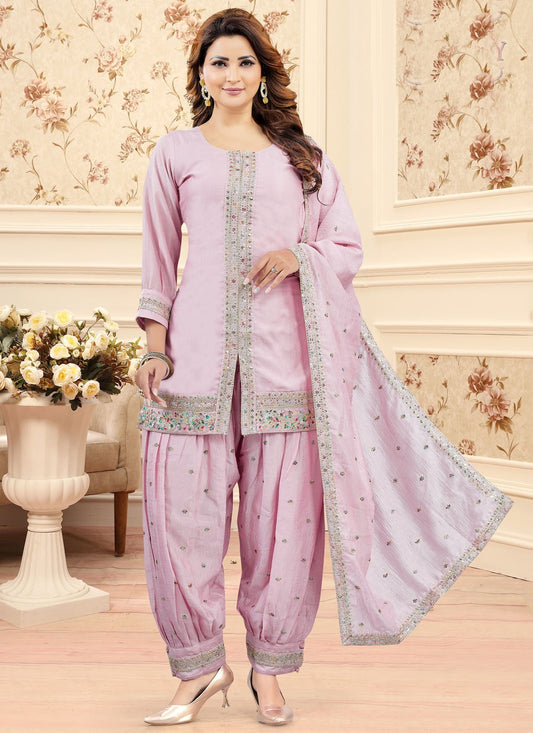 Salwar Suit Embroidered Pink Silk T5654