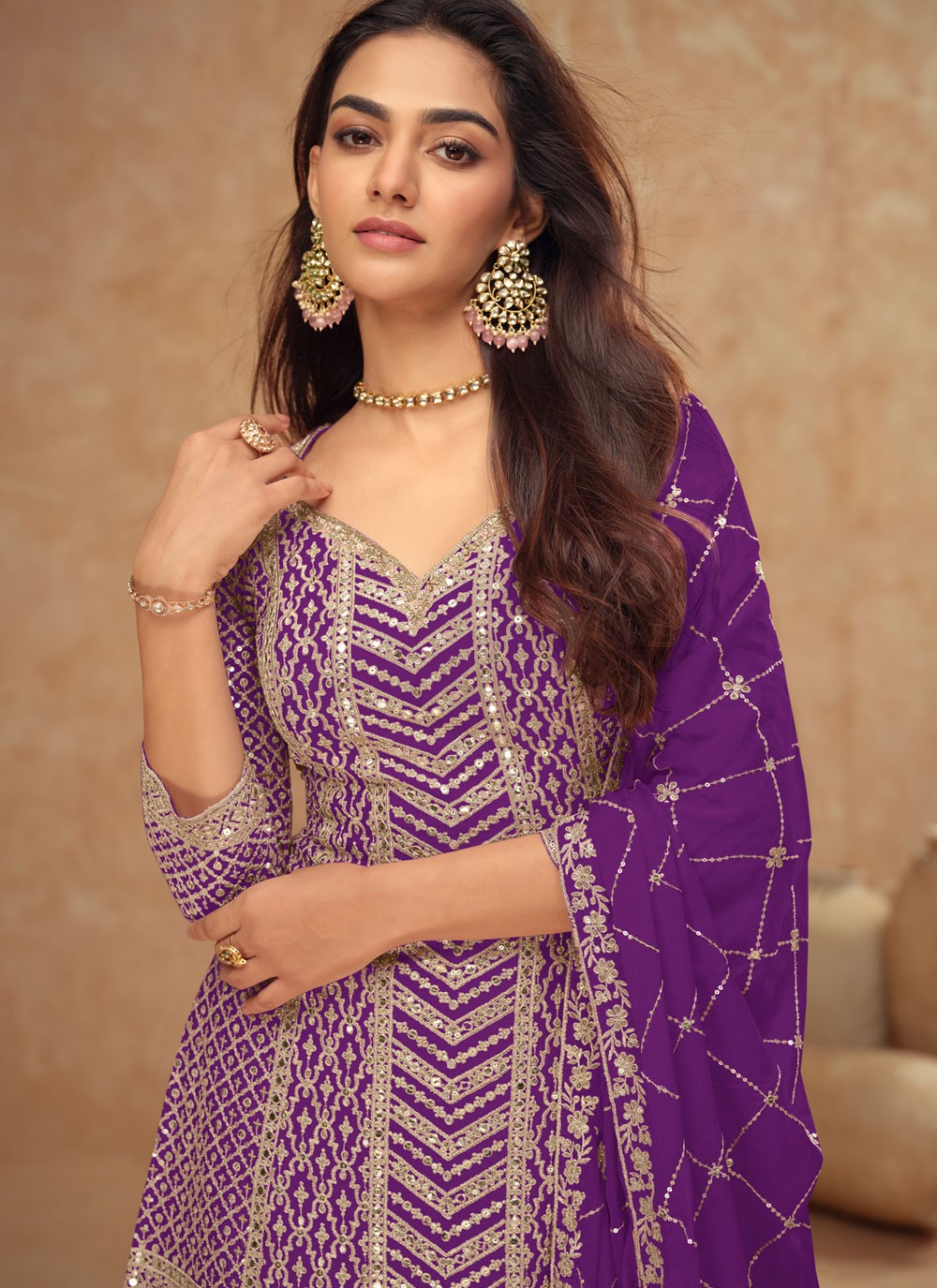 Embroidered Chinon Violet Salwar Suit T5987