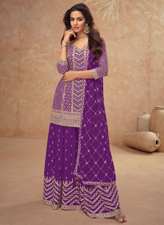 Embroidered Chinon Violet Salwar Suit T5987