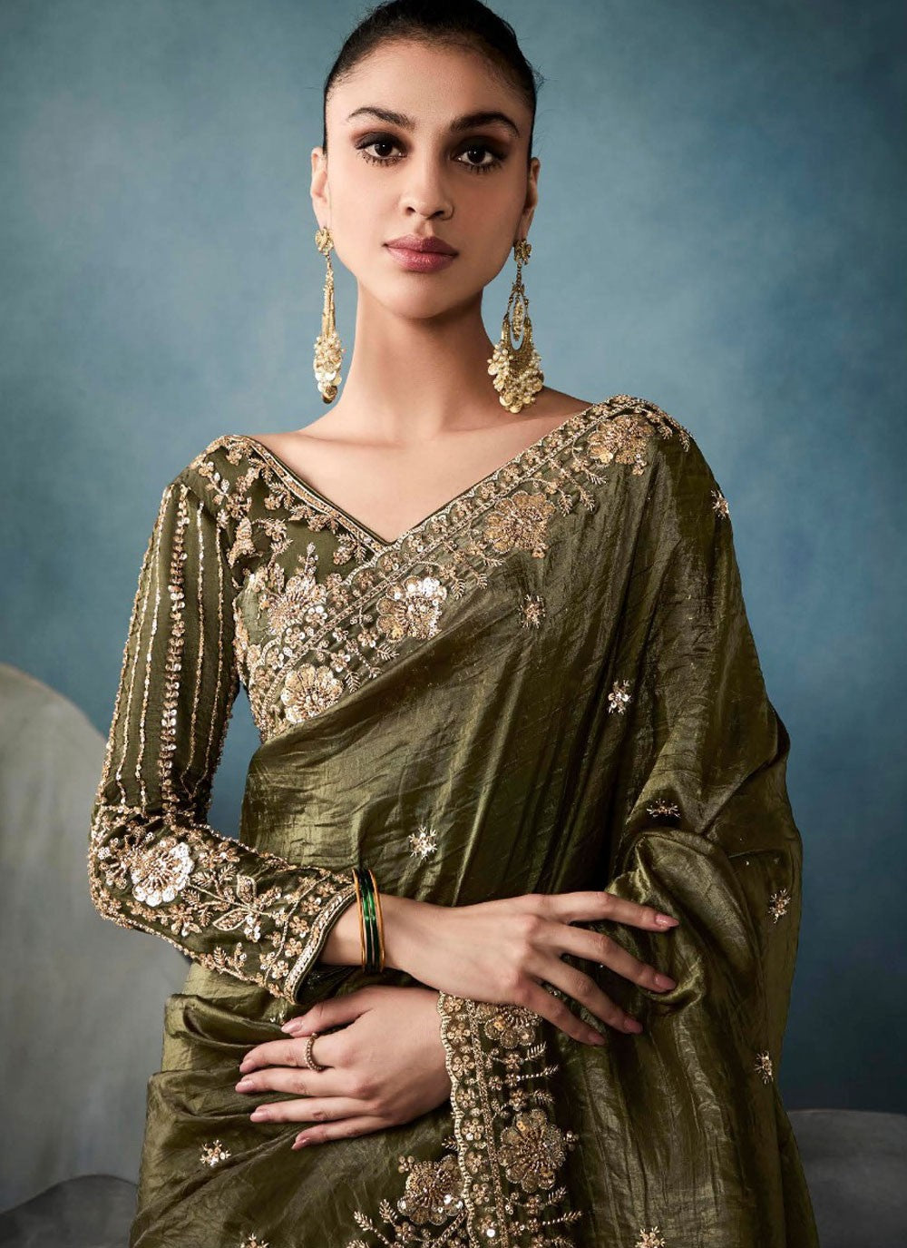 Cut Work Tissue Green Trendy Saree S14876