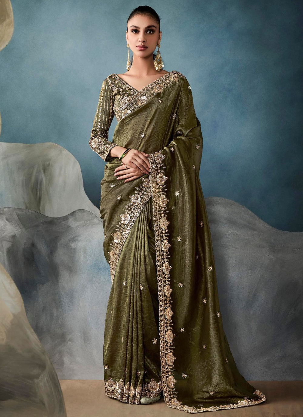 Cut Work Tissue Green Trendy Saree S14876