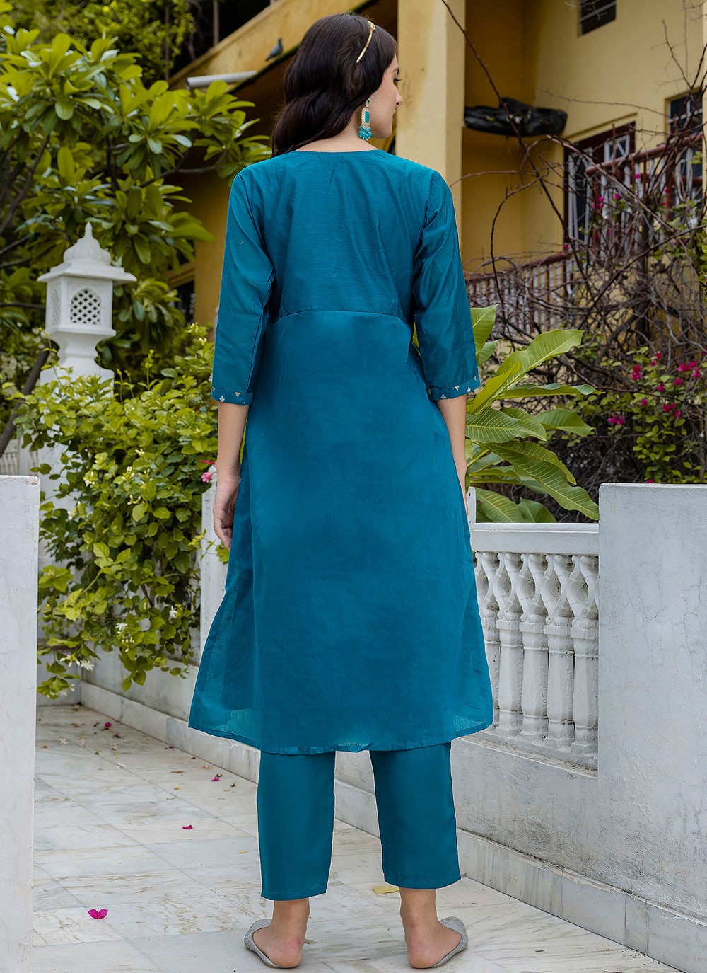 Pant Style Suit Embroidered, Jacquard Work Blue T7118