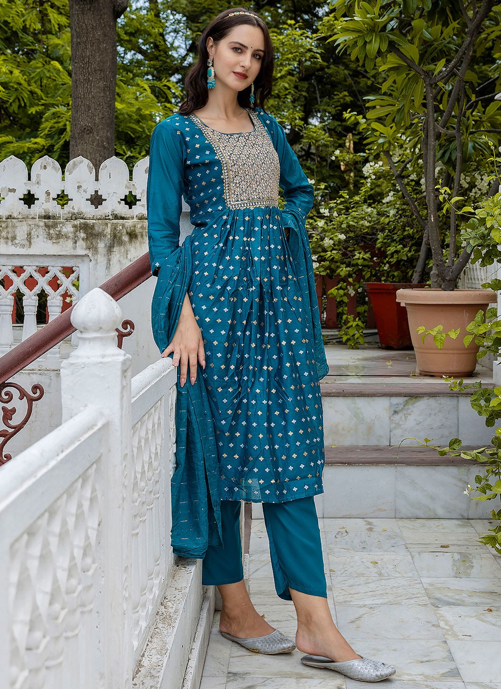 Pant Style Suit Embroidered, Jacquard Work Blue T7118