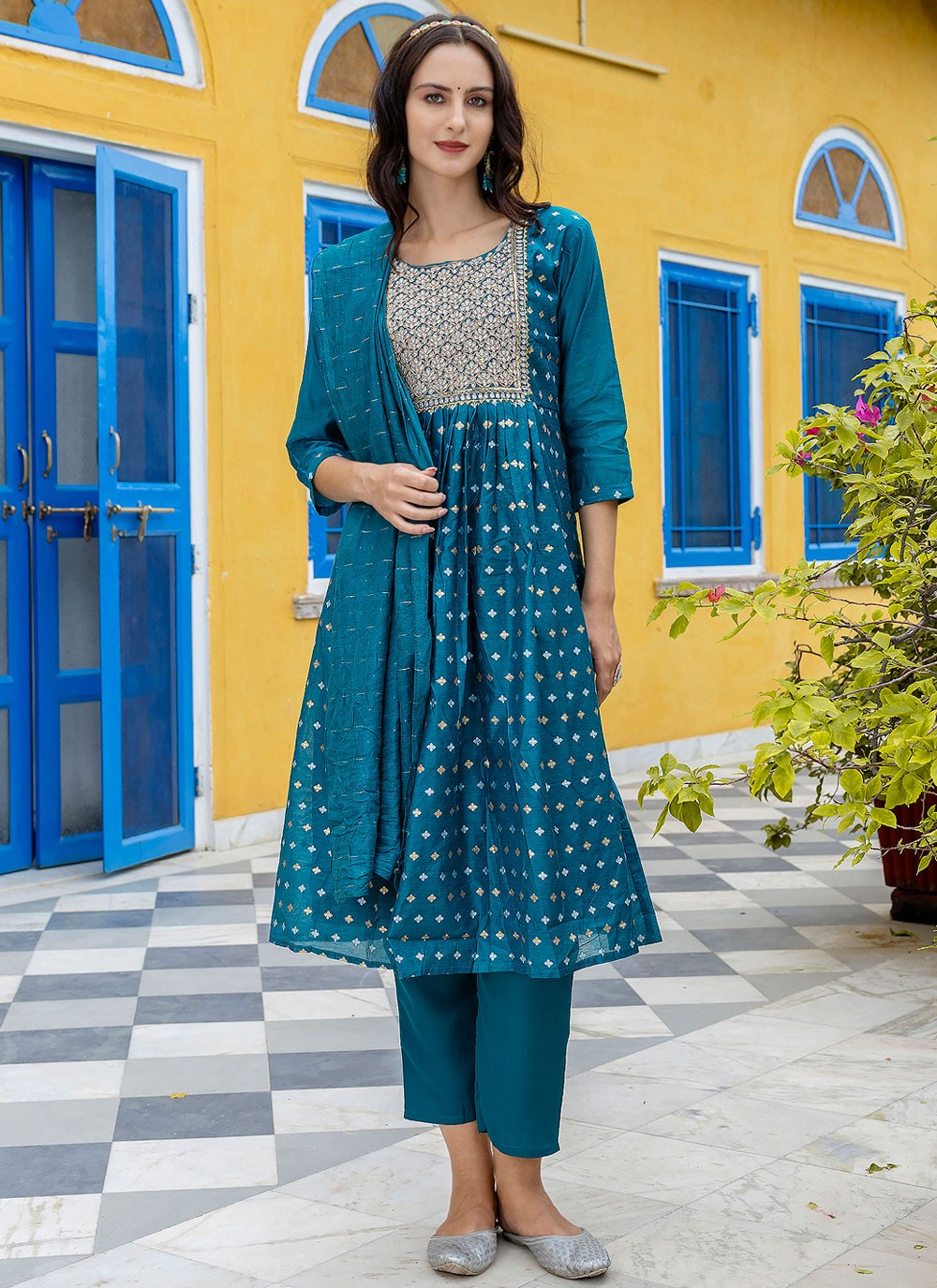 Pant Style Suit Embroidered, Jacquard Work Blue T7118