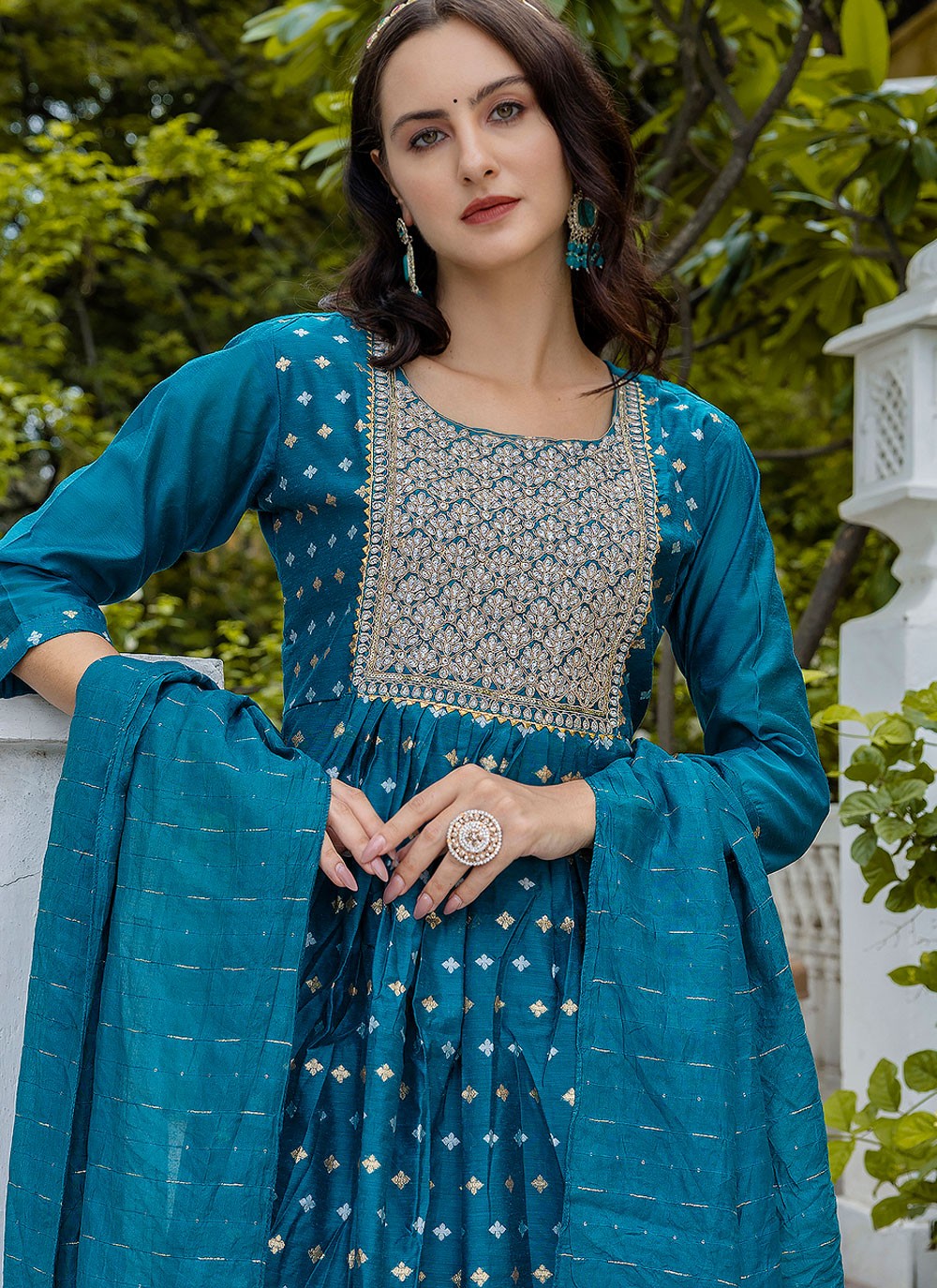 Pant Style Suit Embroidered, Jacquard Work Blue T7118