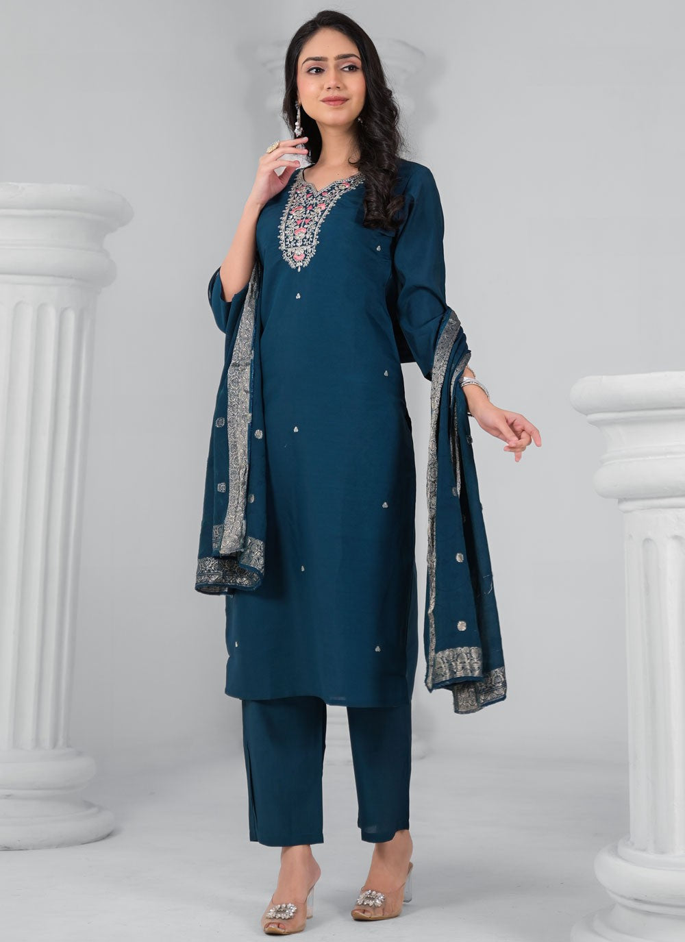 Pant Style Suit Embroidered, Sequins, Zari Morpeach T7343