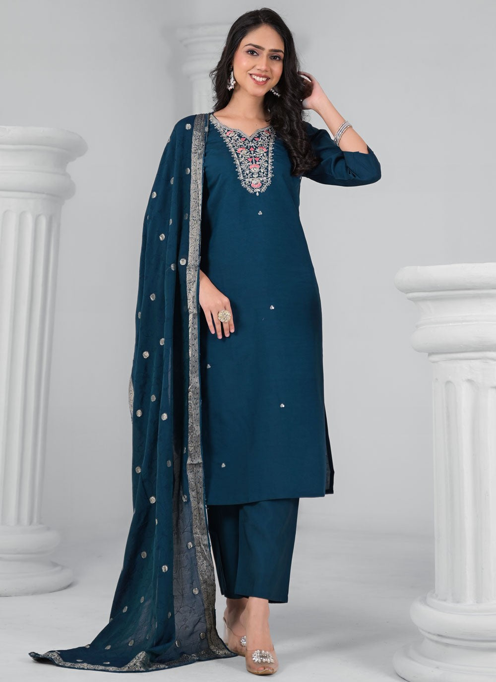 Pant Style Suit Embroidered, Sequins, Zari Morpeach T7343