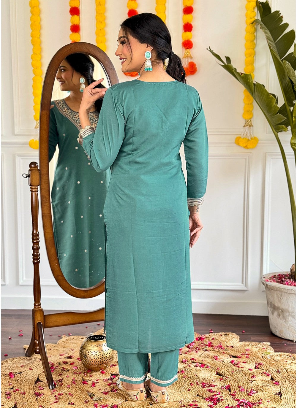 Embroidered Chanderi Teal Pant Style Suit T6027