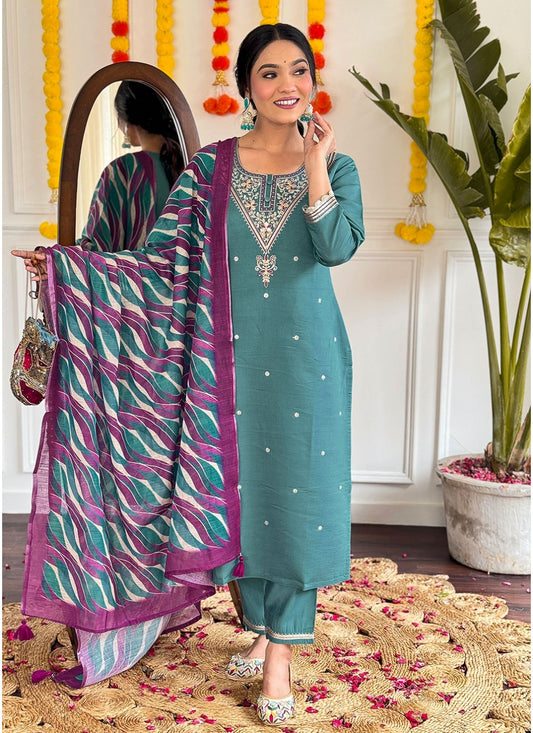 Embroidered Chanderi Teal Pant Style Suit T6027