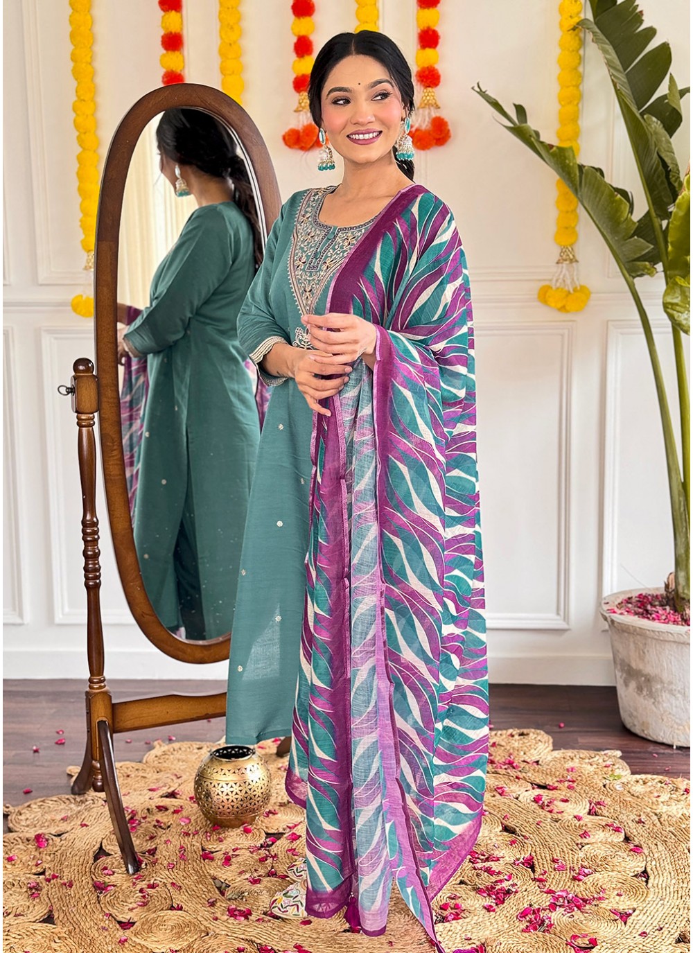 Embroidered Chanderi Teal Pant Style Suit T6027