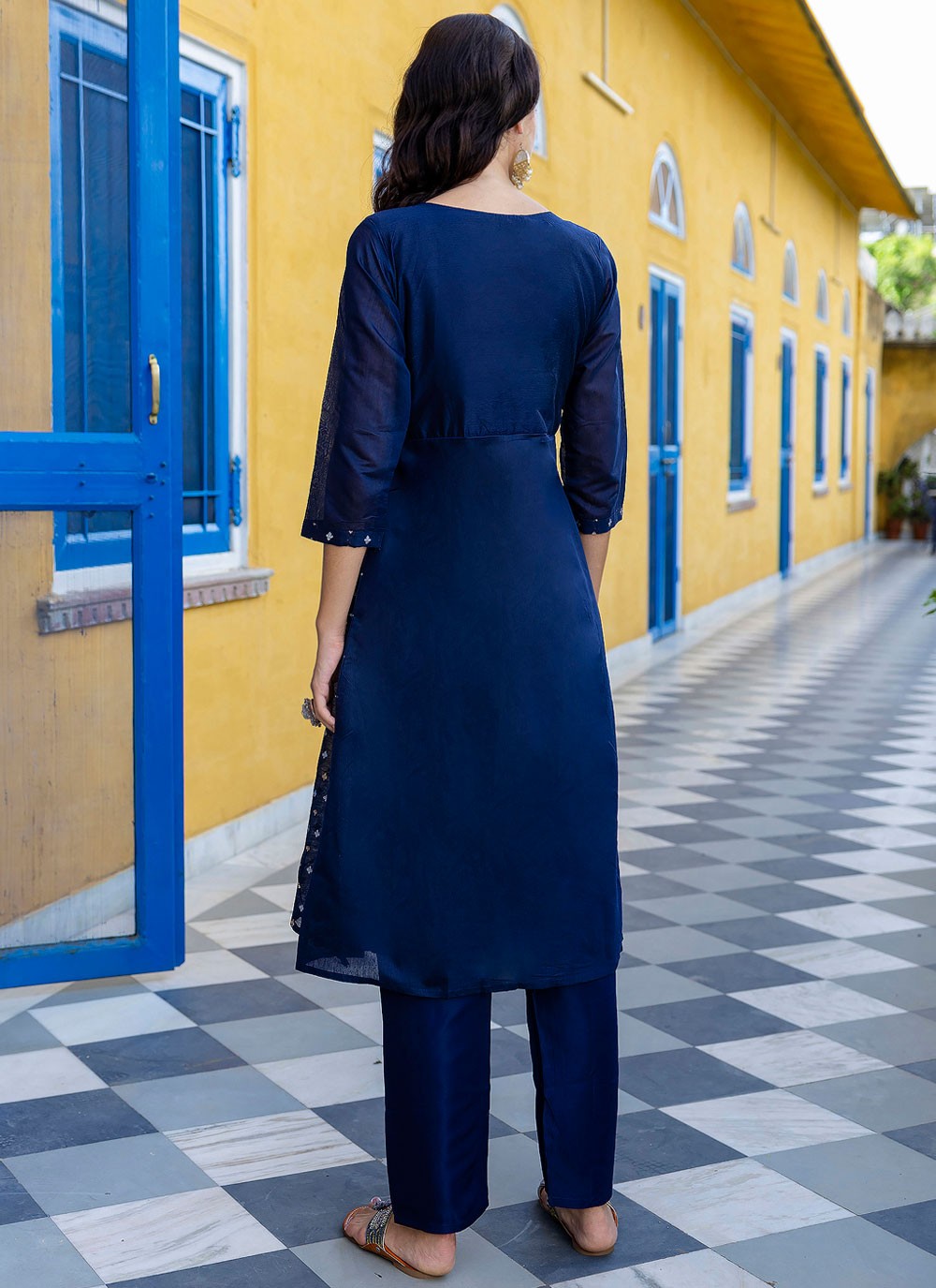 Pant Style Suit Embroidered, Jacquard Work Navy Blue T7116