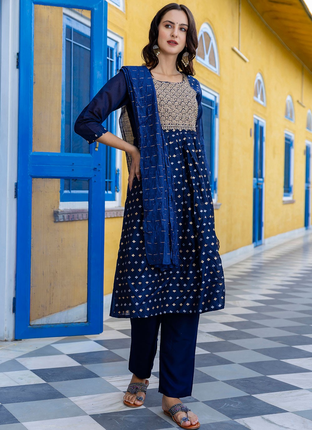 Pant Style Suit Embroidered, Jacquard Work Navy Blue T7116