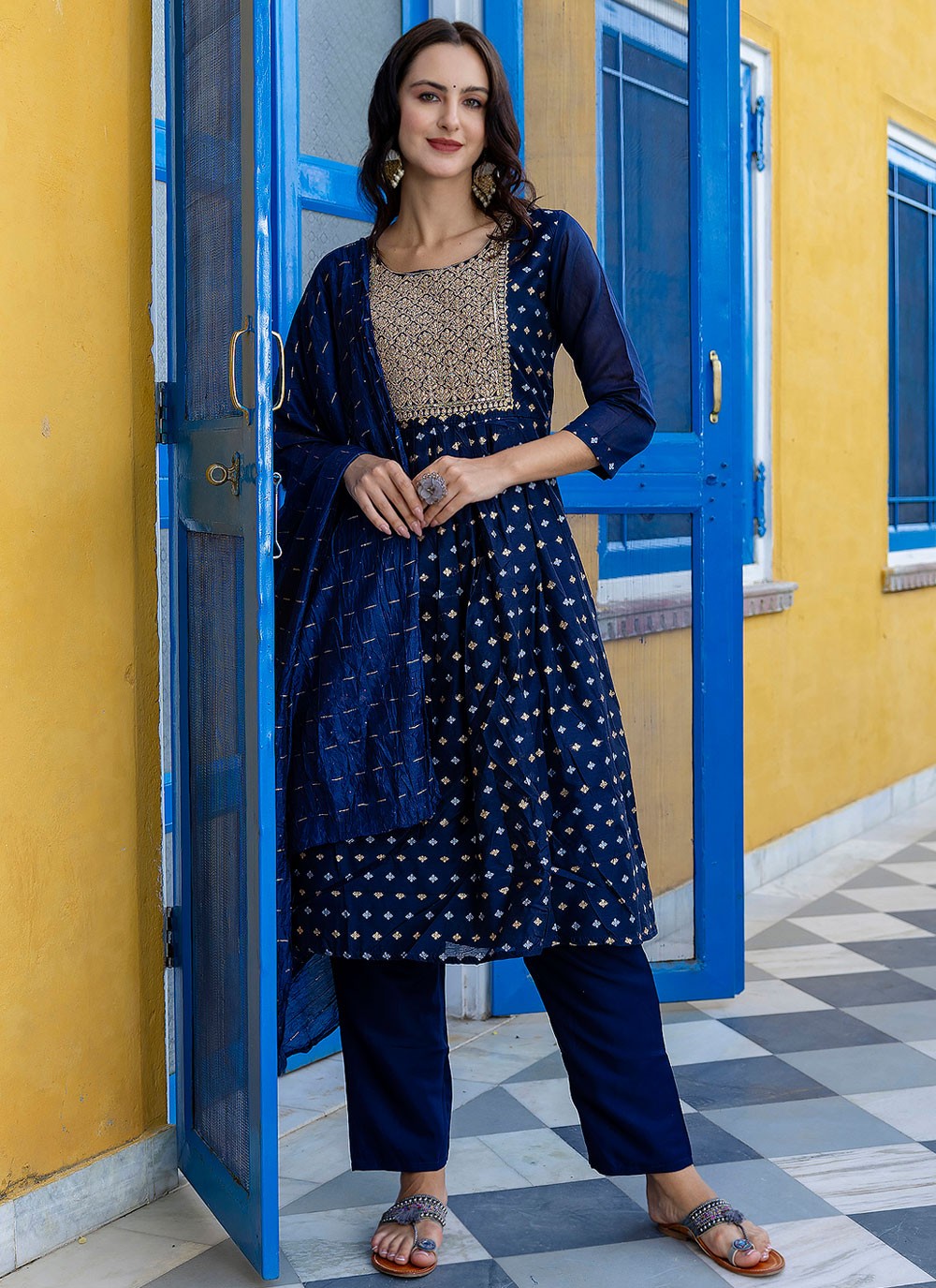 Pant Style Suit Embroidered, Jacquard Work Navy Blue T7116