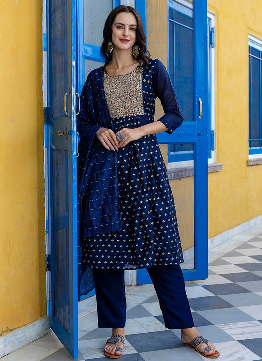 Pant Style Suit Embroidered, Jacquard Work Navy Blue T7116