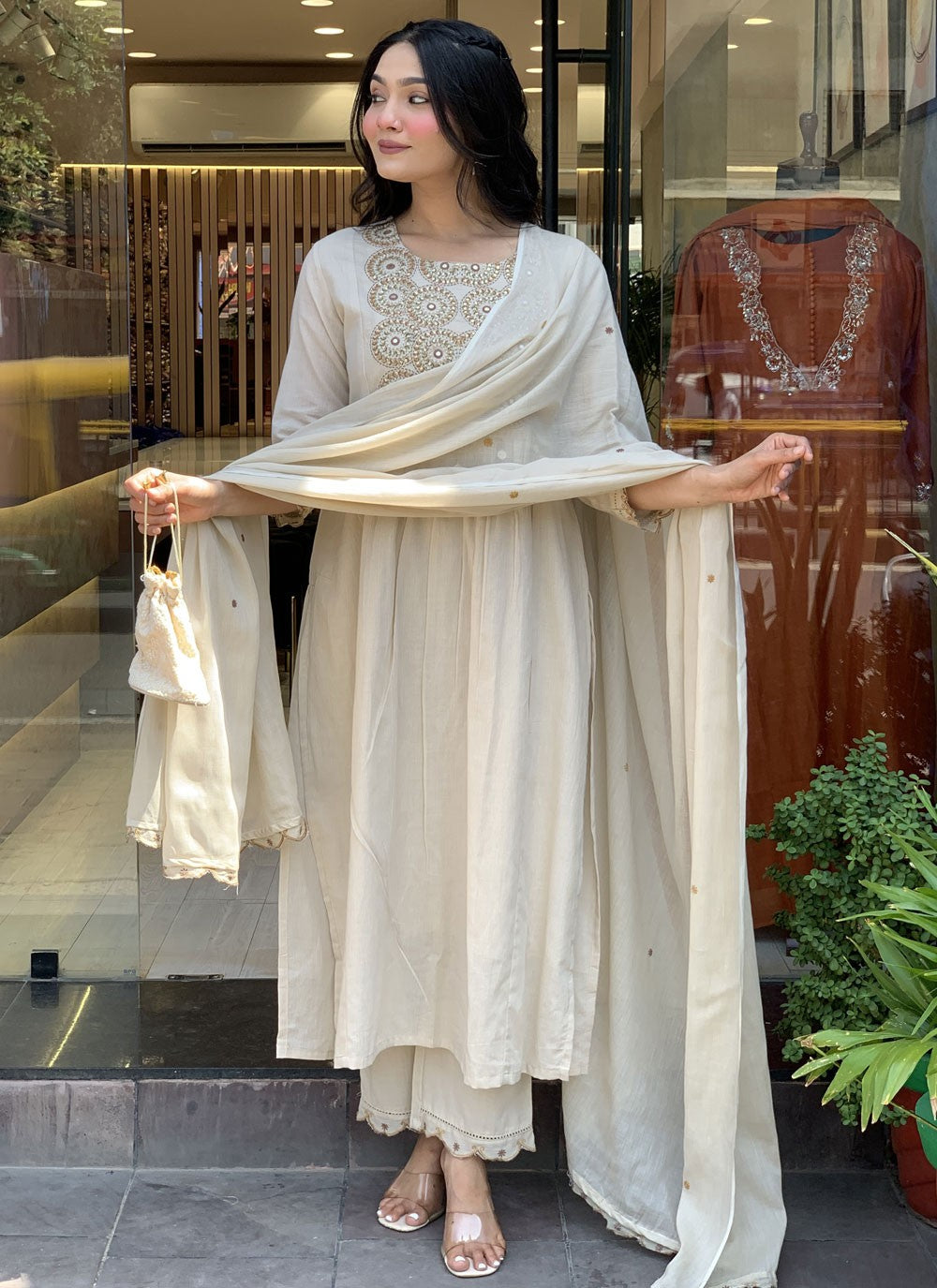 Anarkali Embroidered, Mirror White T8339