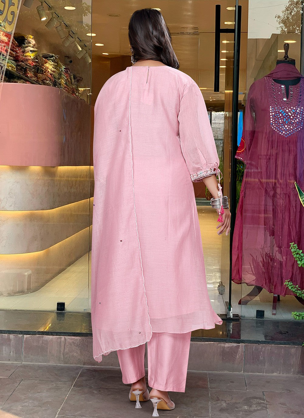 Aari Work Chanderi Silk Pink Pant Style Suit T6255