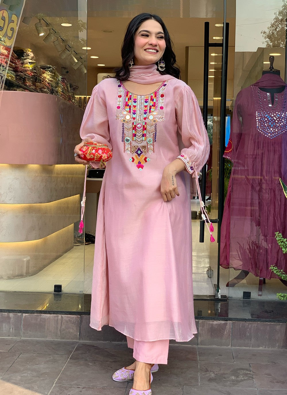 Aari Work Chanderi Silk Pink Pant Style Suit T6255