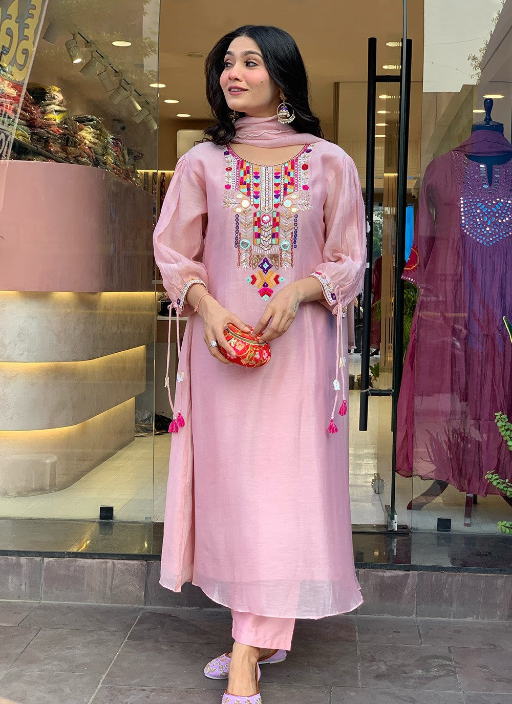 Aari Work Chanderi Silk Pink Pant Style Suit T6255