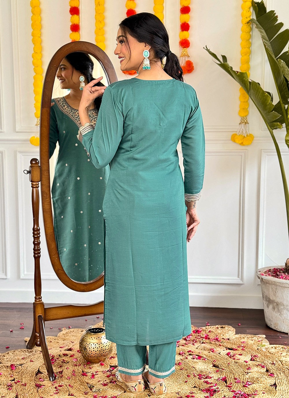 Embroidered Chanderi Teal Pant Style Suit T6292