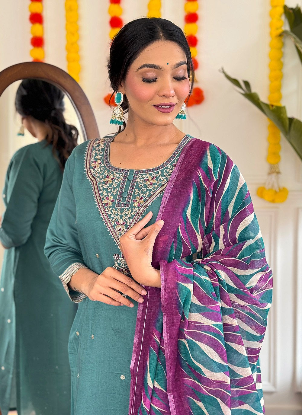Embroidered Chanderi Teal Pant Style Suit T6292