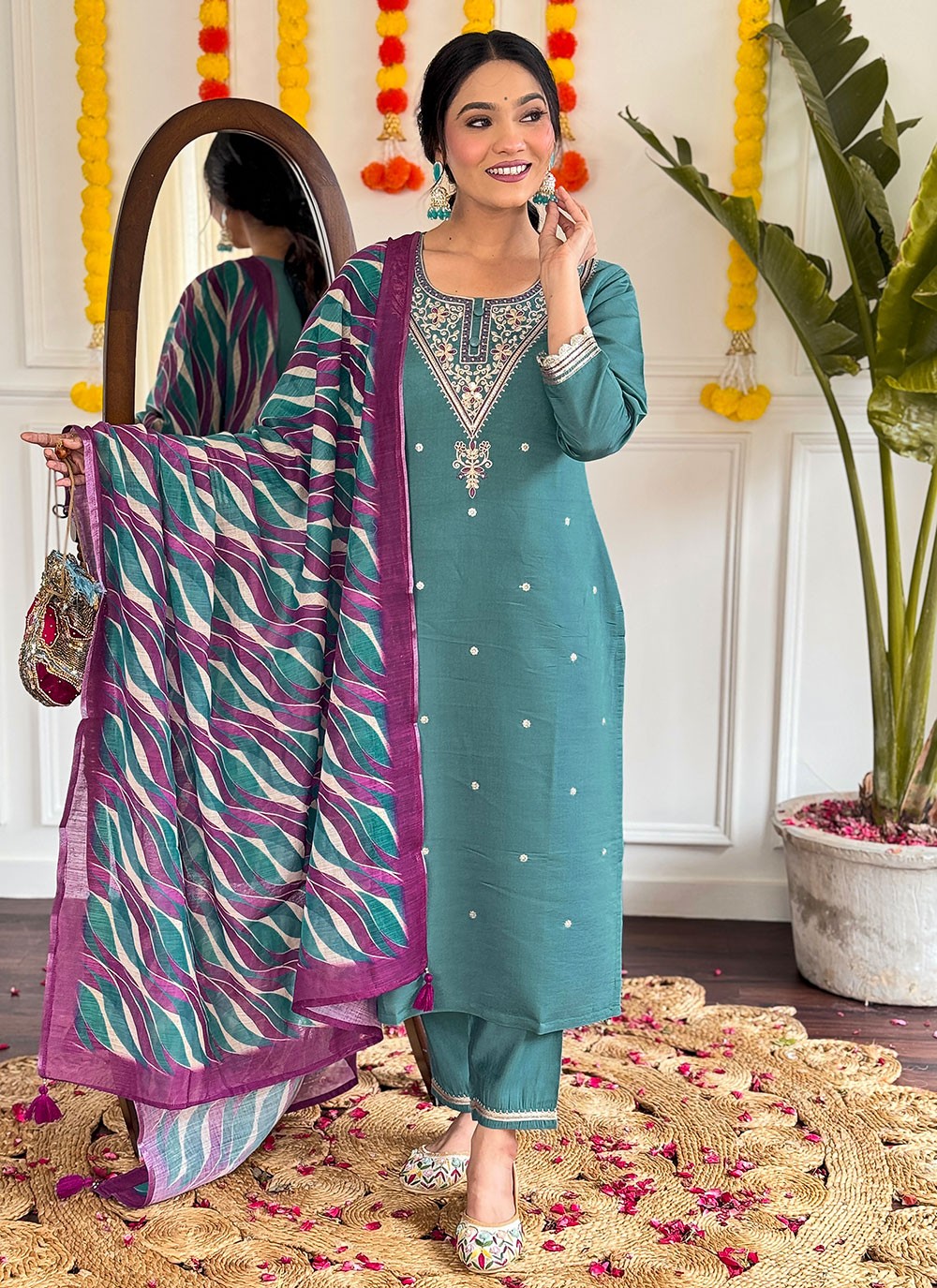 Embroidered Chanderi Teal Pant Style Suit T6292