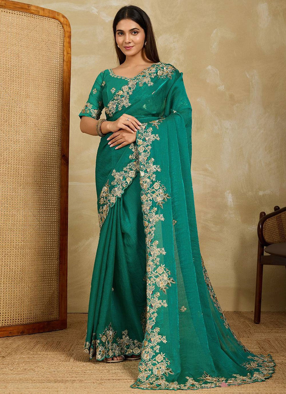 Sea Green Chiffon Classic Saree Embroidered S20109