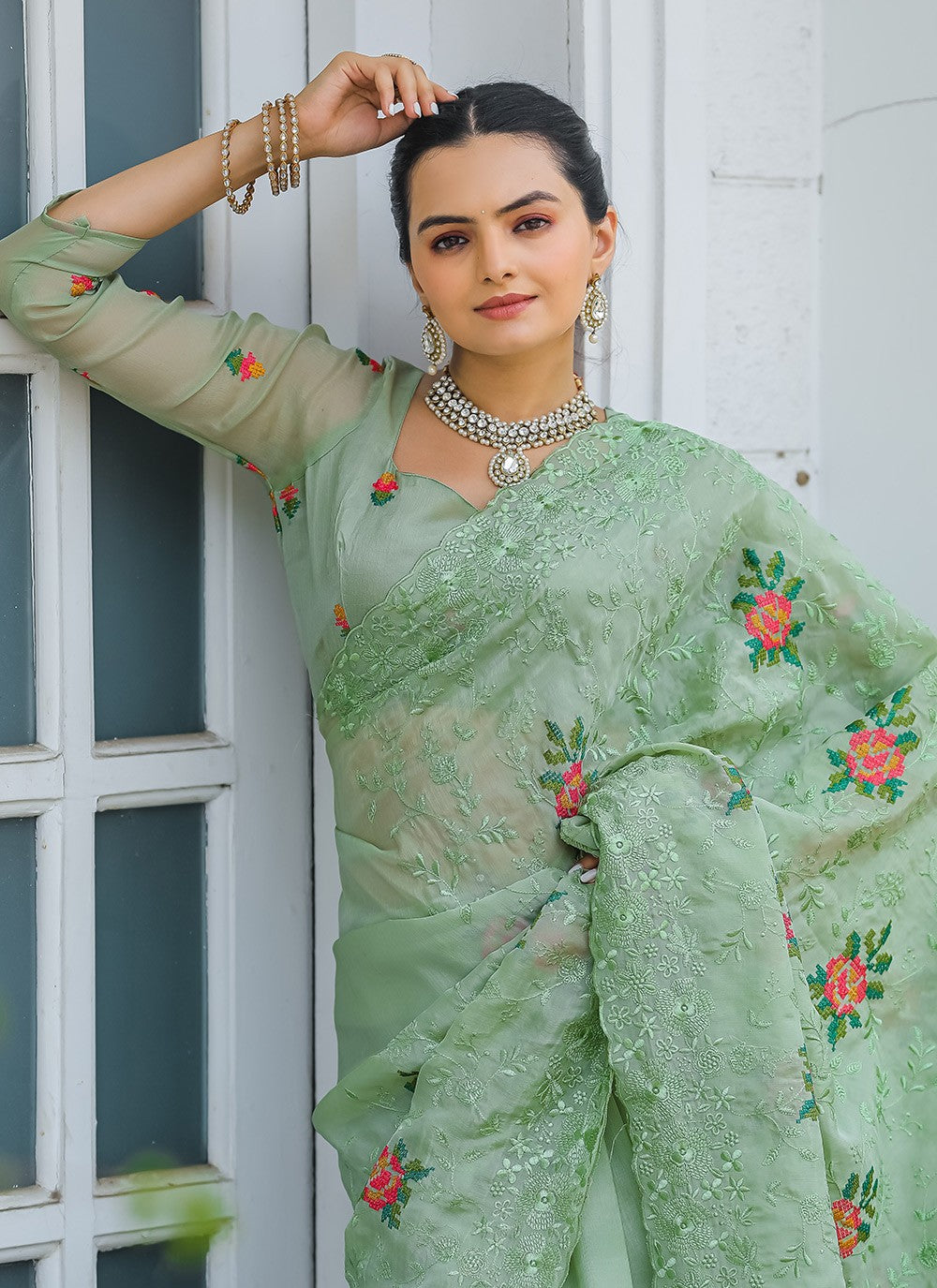 Traditional Cut Work Chiffon Saree - S6373