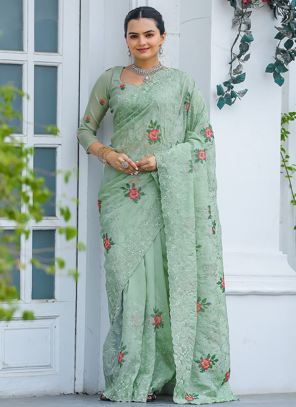Traditional Cut Work Chiffon Saree - S6373