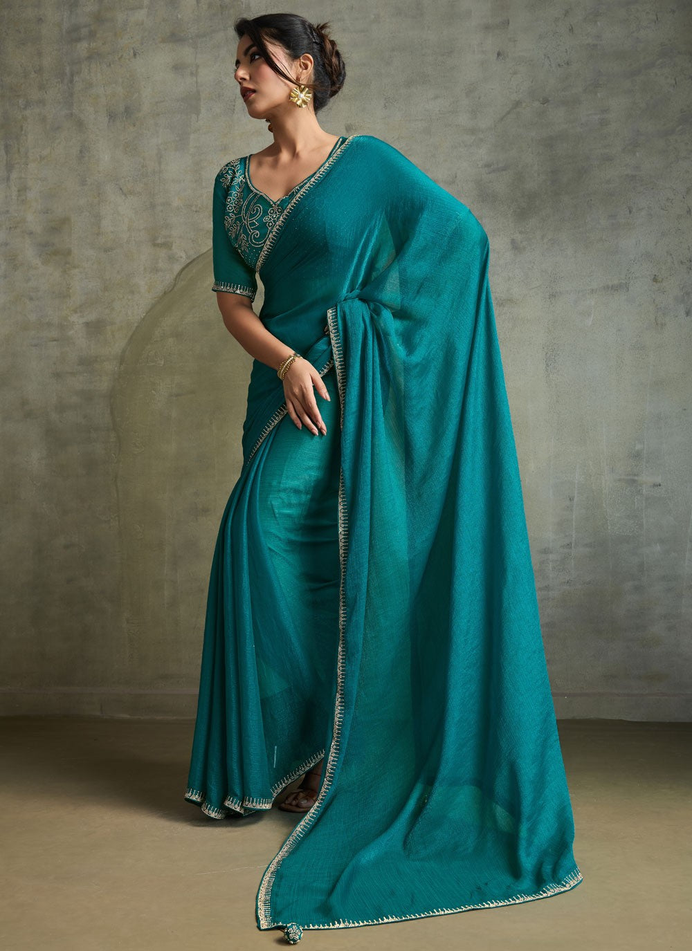 Sea Green Chiffon Classic Saree Embroidered S19826