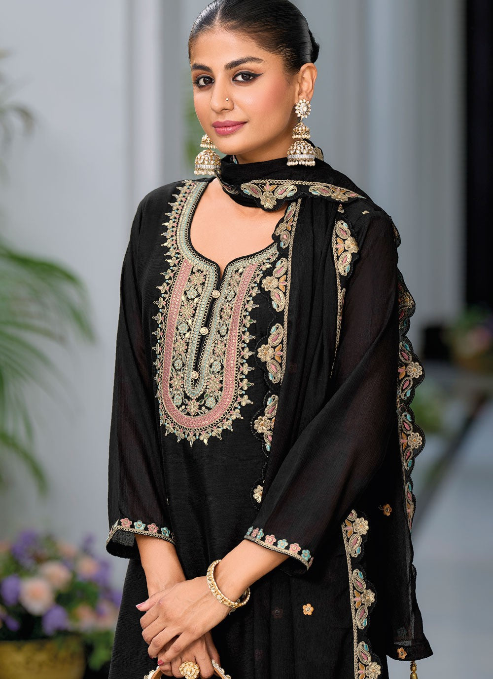 Salwar Suit Embroidered Black Chinon T5212