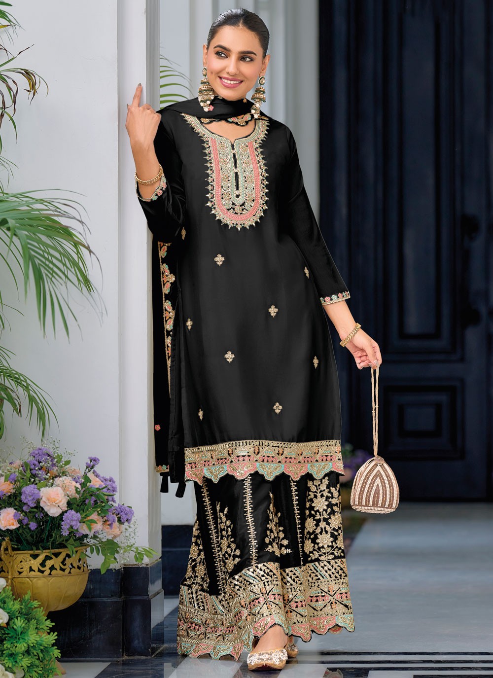 Salwar Suit Embroidered Black Chinon T5212