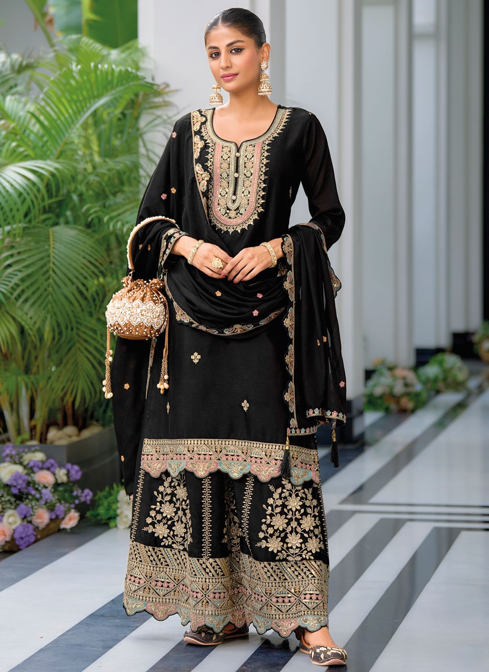 Salwar Suit Embroidered Black Chinon T5212