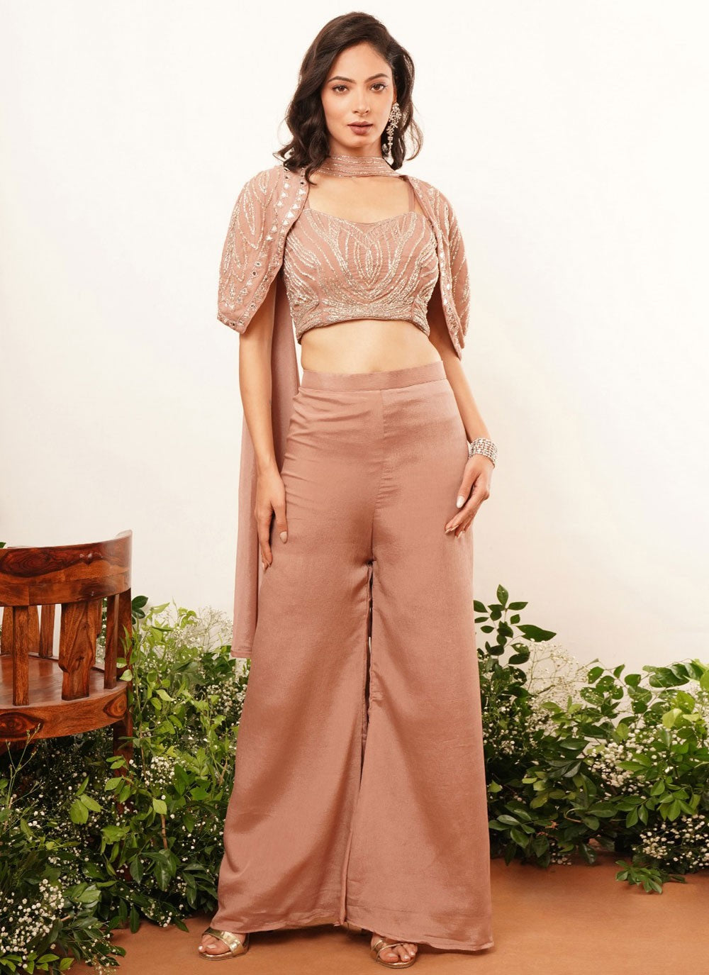 Salwar Suit Embroidered Brown Chinon T5430