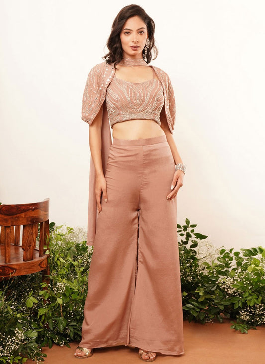 Salwar Suit Embroidered Brown Chinon T5430