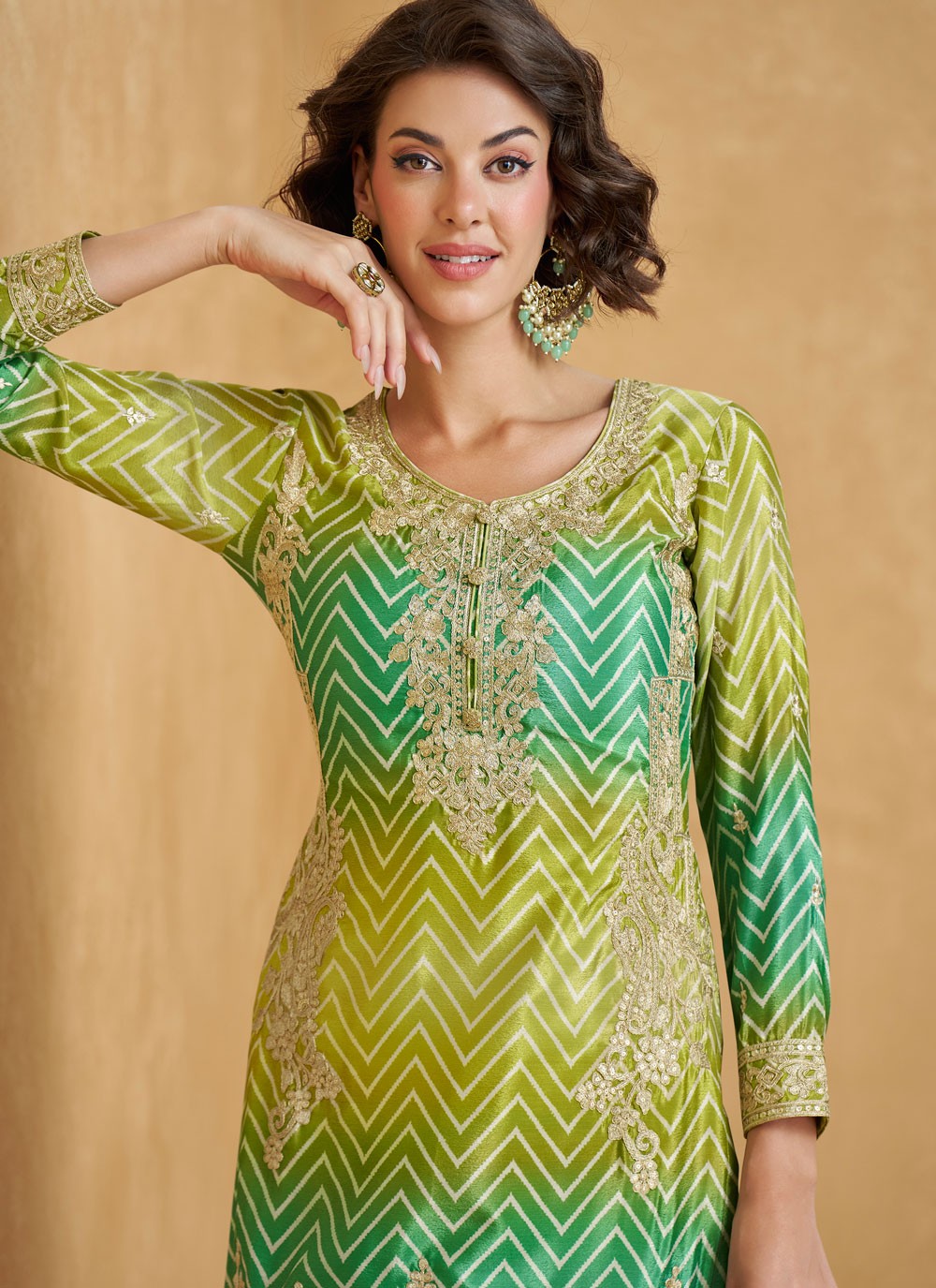 Embroidered Chinon Green Salwar Suit T5969