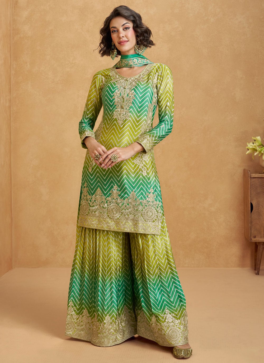 Embroidered Chinon Green Salwar Suit T5969