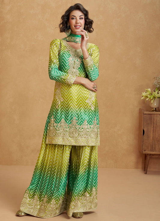 Embroidered Chinon Green Salwar Suit T5969