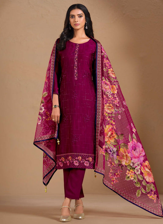 Pant Style Suit Embroidered Purple T7244