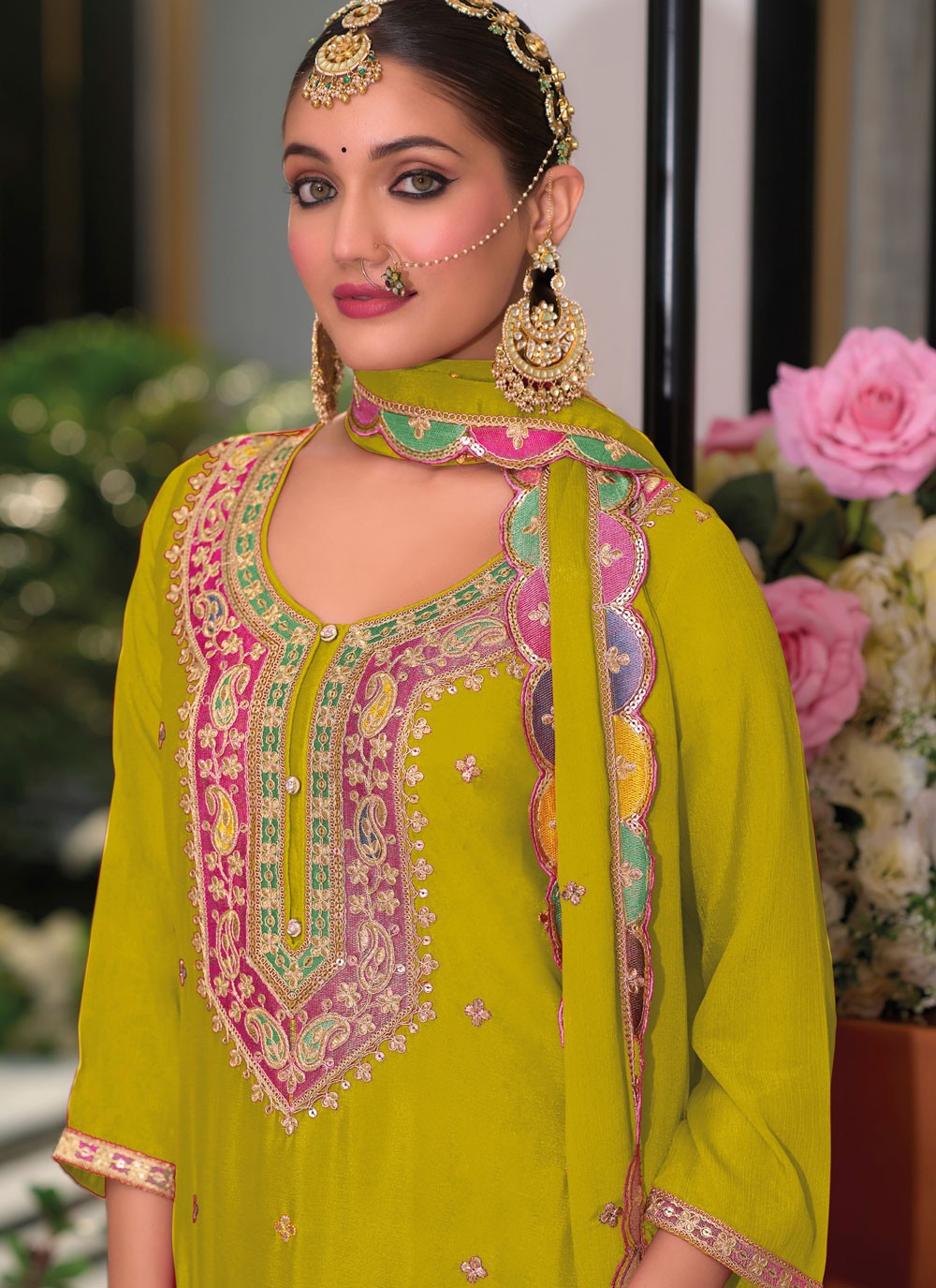 Salwar Suit Embroidered Green Chinon T5749