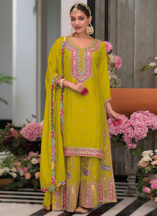 Salwar Suit Embroidered Green Chinon T5749