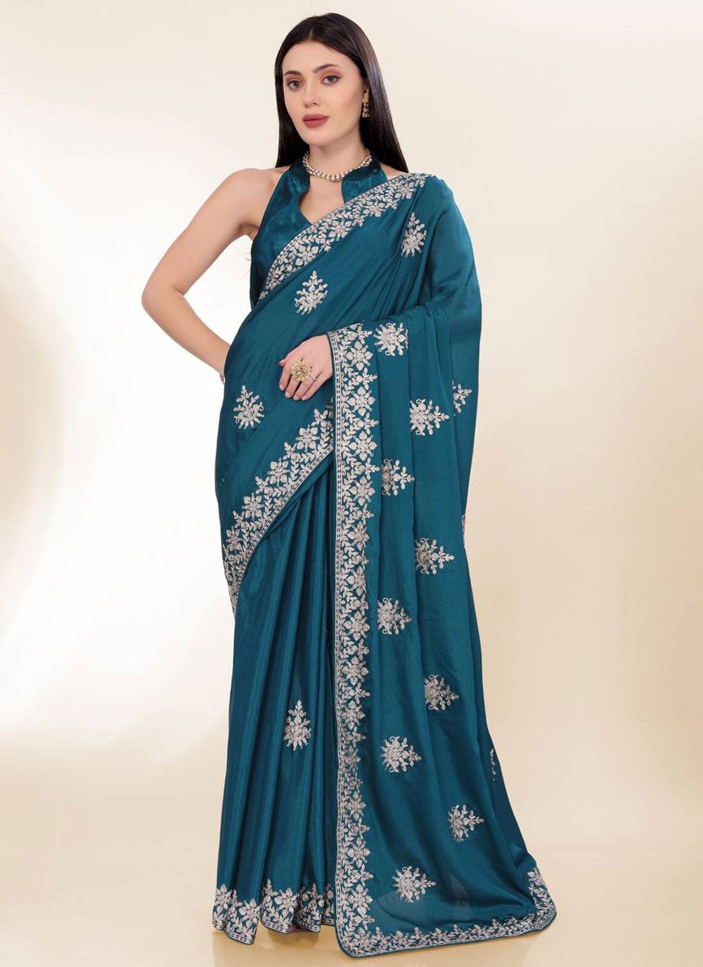 Embroidered Chinon Morpeach Saree S14166