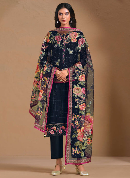 Pant Style Suit Embroidered Navy Blue T7243