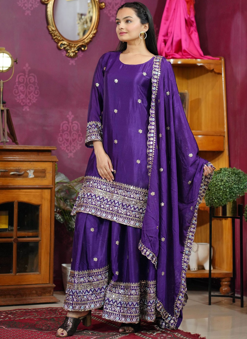 Palazzo Suit Embroidered, Sequins, Zari Purple T7713