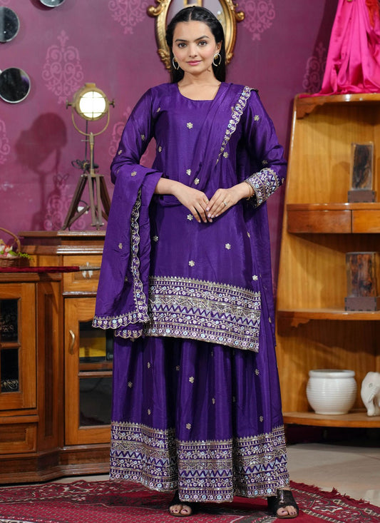 Palazzo Suit Embroidered, Sequins, Zari Purple T7713