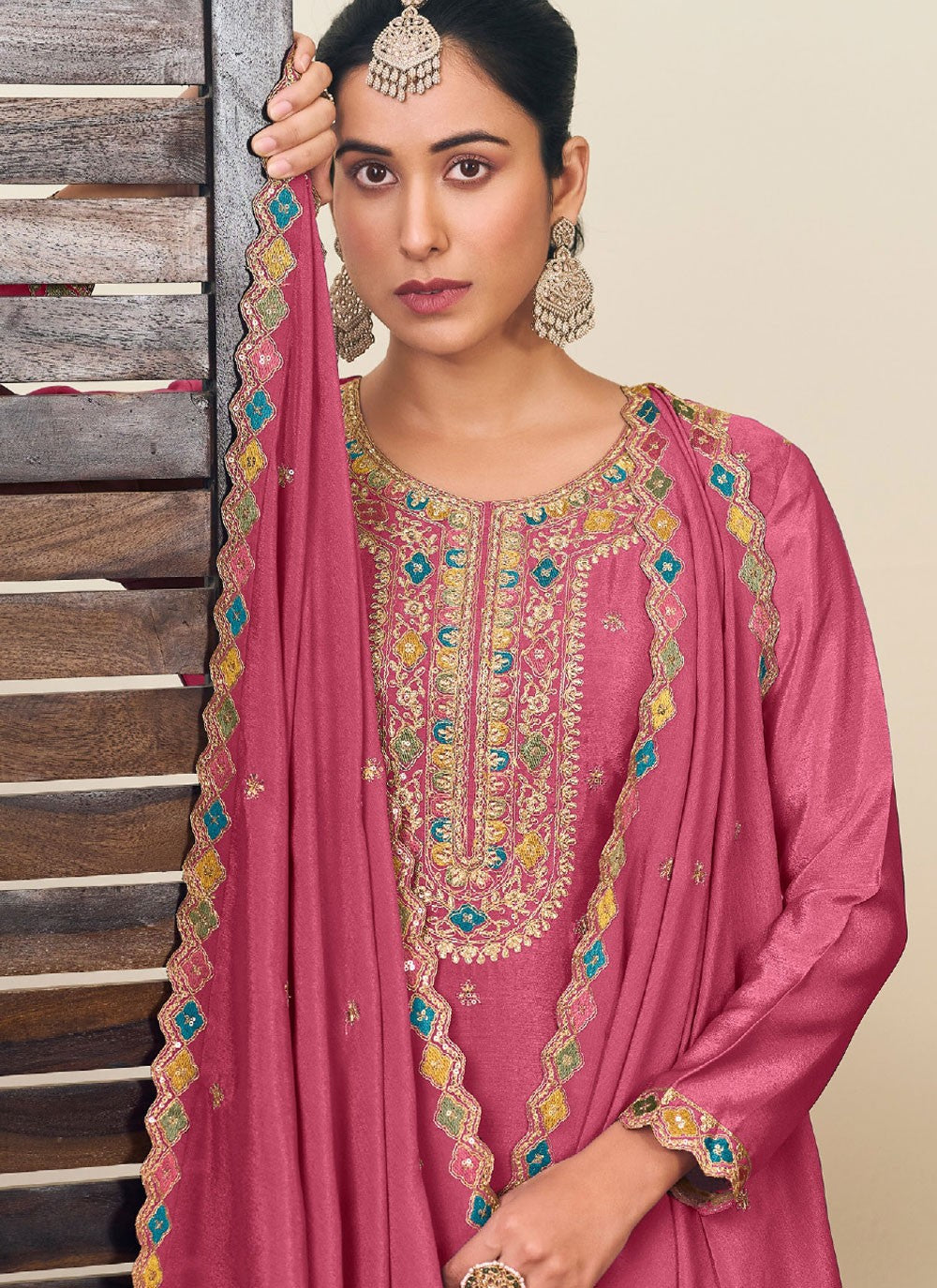 Embroidered Chinon Hot Pink Lehenga - L3248
