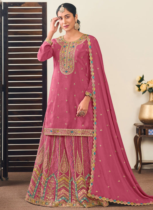 Embroidered Chinon Hot Pink Lehenga - L3248